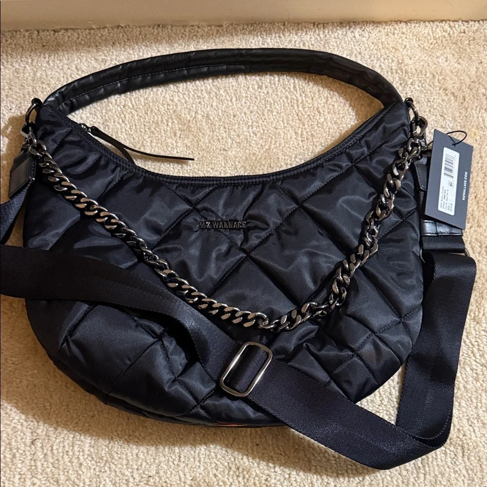 MZ Wallace Quilted Black Nylon Hobo with Silver Chain Accent